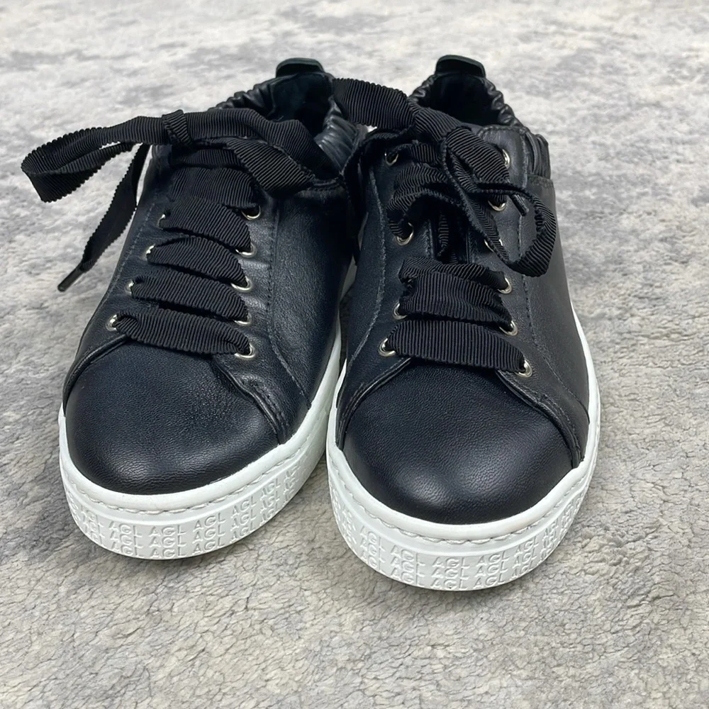 New AGL Suzie Elasticated Opening Sneakers Black Leather Lace Up Sz 36.5